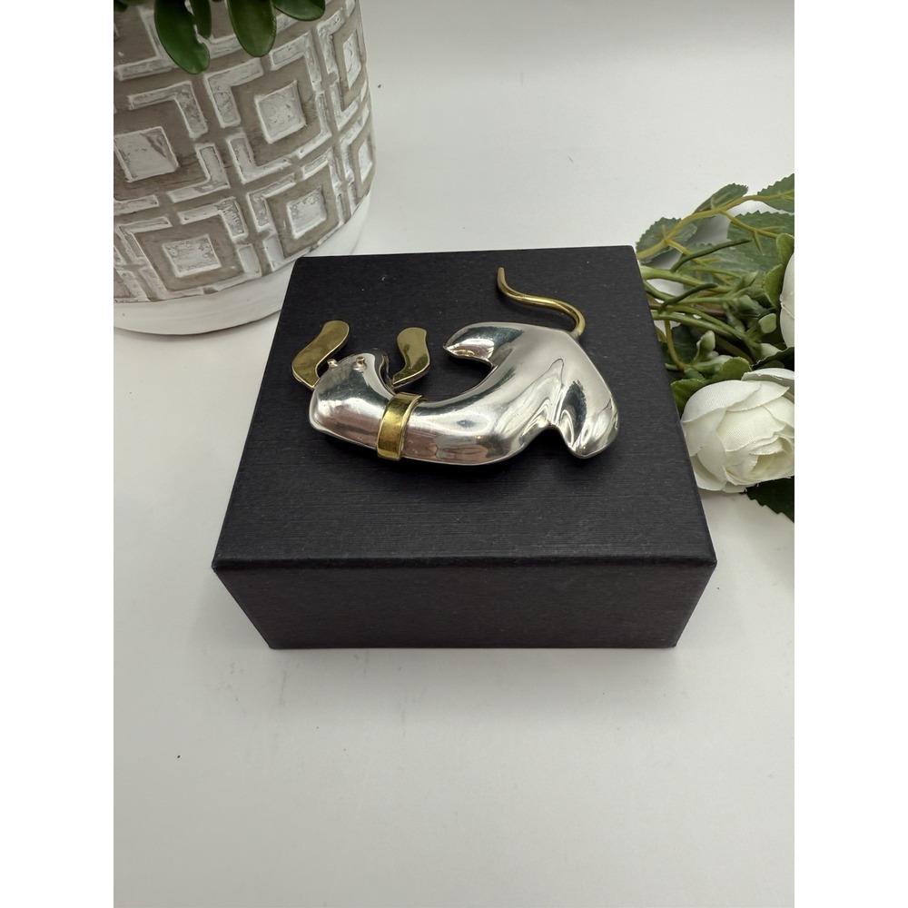 Vintage Taxco Mexico 925 Sterling & Brass Dog Brooch – Modernist Signed TM-104 - Picture 6 of 12